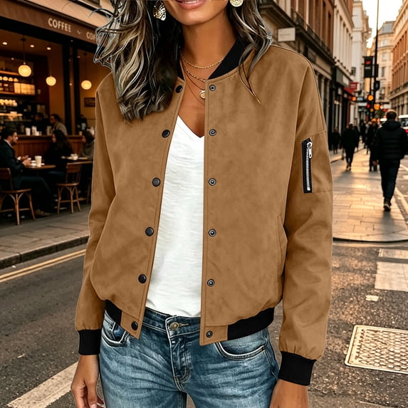 Ladies Lightweight Faux Suede Flight Bomber Jacket Ribbed Cuff & Hem Baseball Collar Long Sleeve Casual Coat with Pocket Outerwear Brown S