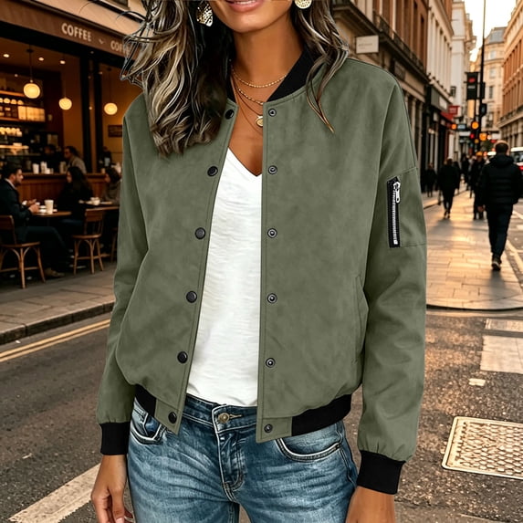 Ladies Lightweight Faux Suede Flight Bomber Jacket Ribbed Cuff & Hem Baseball Collar Long Sleeve Casual Coat with Pocket Outerwear Green L