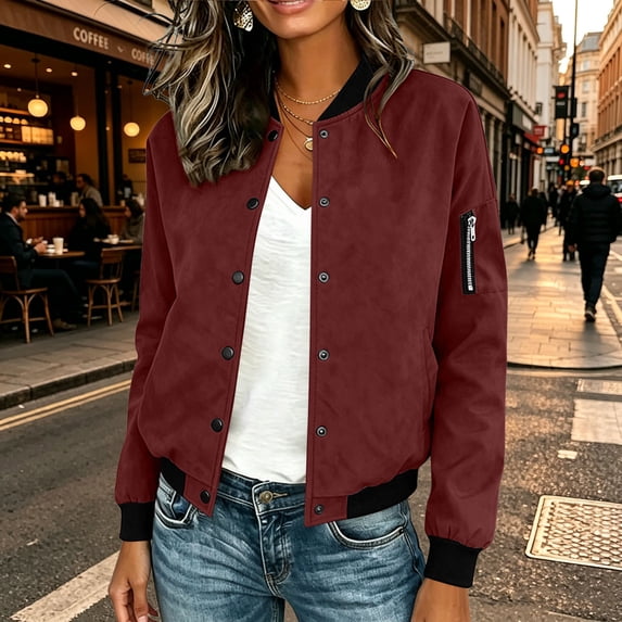 Ladies Lightweight Faux Suede Flight Bomber Jacket Ribbed Cuff & Hem Baseball Collar Long Sleeve Casual Coat with Pocket Outerwear Wine S