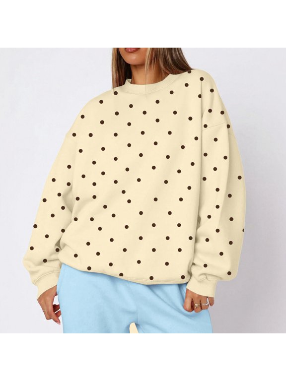 Ladies Lightweight Polka Dot Sweatshirt Long Sleeve Crew Neck Loose Casual Pullover