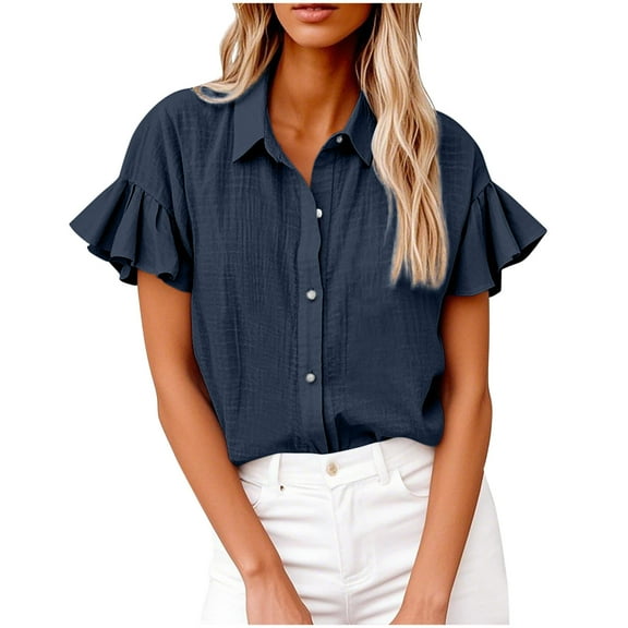 Ladies Linen Button down Shirt Solid Ruffle Short Sleeve Tops V Neck Collared Button up Summer Blouses Tees (2XL, Navy)