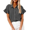 thumbnail image 1 of Ladies Linen Button down Shirt Solid Ruffle Short Sleeve Tops V Neck Collared Button up Summer Blouses Tees (M, Dark Gray), 1 of 6