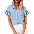 thumbnail image 1 of Ladies Linen Button down Shirt Solid Ruffle Short Sleeve Tops V Neck Collared Button up Summer Blouses Tees (M, Sky Blue), 1 of 5