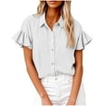 thumbnail image 1 of Ladies Linen Button down Shirt Solid Ruffle Short Sleeve Tops V Neck Collared Button up Summer Blouses Tees (XL, White), 1 of 6