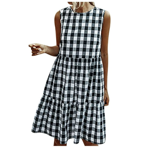 Ladies' Linen Dress Boho Tiered Plaid Dresses Plaid Summer Casual Sundress Trendy Sleeveless Flowy Dress Trendy Clothes Maxi Dress with Pockets Black S