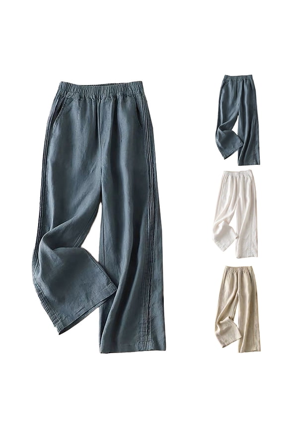 Ladies Linen Side Pleated Pants Casual Loose Fit Trousers Wide Leg Bottoms Breathable Comfortable Summer Vacation Beach Holiday Fashion | CSEONE,Blue XL
