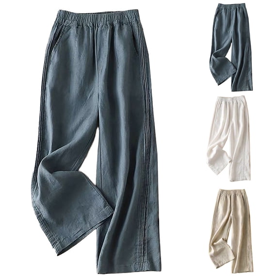 Ladies Linen Side Pleated Pants Loose Fit Casual Trousers Wide Leg High Waist Breathable Summer Fashion | CSEONE,Khaki L