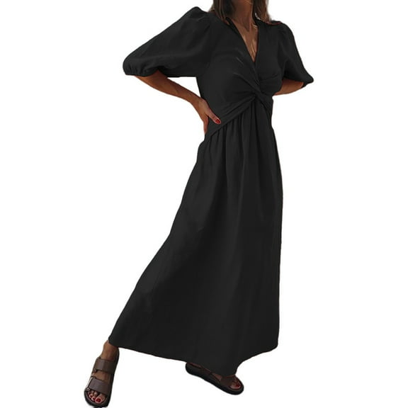 Ladies Linen Solid Color High Waist Slim V Neck Puff Sleeve Dress Cute Summer Dress Comfy Dresses for Women Dress Casual Women Dresses for Women Casual Summer plus Size Dresses for Women Dress for