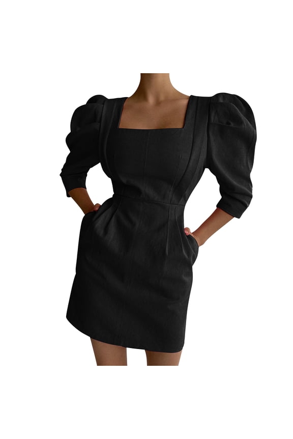 Ladies Linen Square Neck Half Sleeve Slanted Pocket Back Zipper Mini Dress Summer Solid Color Waist Short Dress Comfy Dresses Ladies Casual Dresses Velour Dress for Women Dress Ruffle Athletic Dresses