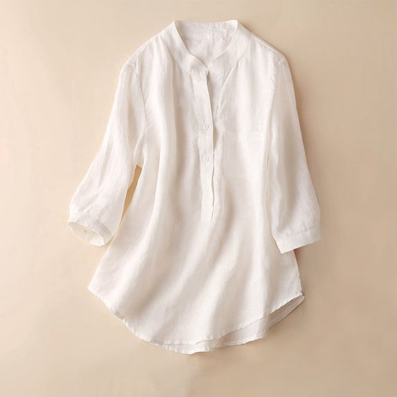 Ladies Linen Stand Collar Shirt Three Quarter Sleeve Loose Fit Plus Size Casual Top Womens Work Out Shirts Pack Short Sleeve Scrub Jackets Long Sleeved Women's Shirts Tech Stretch Loose Fit Womens