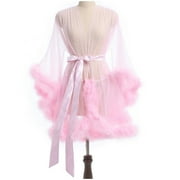 Ladies Lingerie, Robes For Women Tulle Robe with Faux Fur Trim, Wedding Sexy Feather Robe Bridal Illusion Tulle