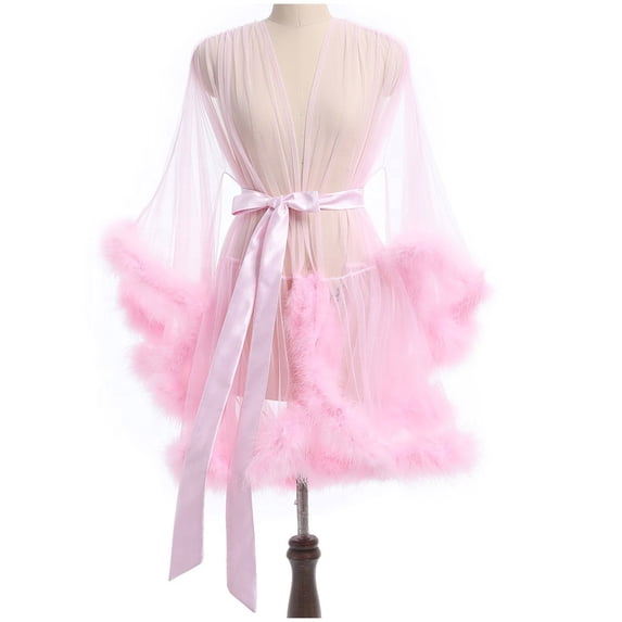 Ladies Lingerie, Robes For Women Tulle Robe with Faux Fur Trim, Wedding Sexy Feather Robe Bridal Illusion Tulle