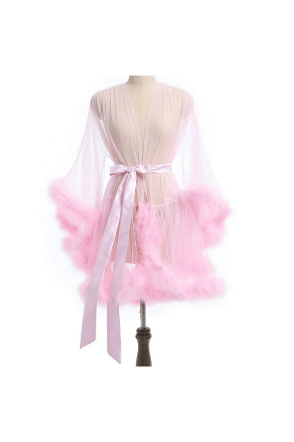Ladies Lingerie, Robes For Women Tulle Robe with Faux Fur Trim, Wedding Sexy Feather Robe Bridal Illusion Tulle