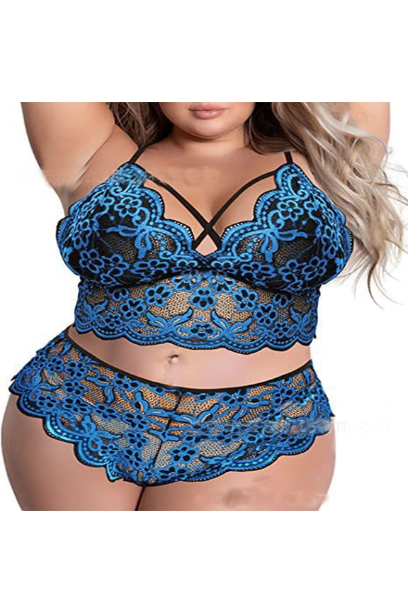 Ladies Lingerie Set,Plus Size Valentines Lingerie V-Neck High Waist Floral Lace Criss Cross Bra Panty Set No Underwire,Blue,XXL