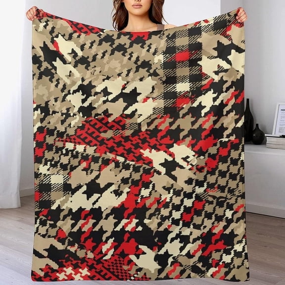 Ladies Living Room Home Sofa Blanket, Dormitory Office Nap Blanket, Travel Beach Blanket Compatible with Red Black Houndstooth Tartan Plaid, Party Decoration Blanket