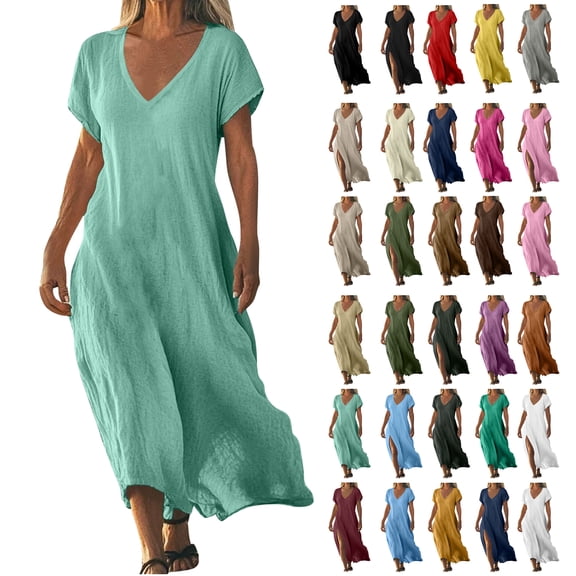 Ladies Long Dress Army Green V-Neck Cotton and Linen Solid Color Short Sleeved Beach Floral Tshirt Sundress 3XL