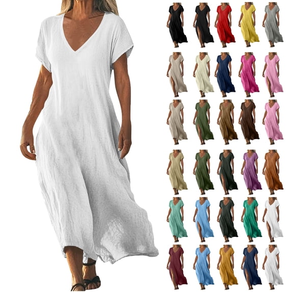 Ladies Long Dress White V-Neck Cotton and Linen Solid Color Short Sleeved Beach Floral Tshirt Sundress 4XL