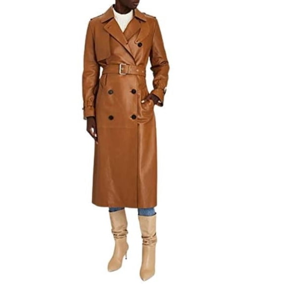 Ladies Long Leather Double-Breasted Trench Coat - Women Brown Ankle Length Leather Coat SouthBeachLeather X-Small