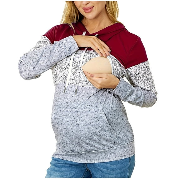Ladies Long Sleeve Breastfeeding Hooded Hooded Sweater Wear Red S