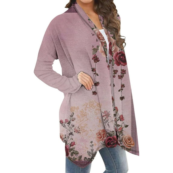 Women Fashionable Cardigan Floral Printed Long Sleeve Open Front Outwear Coat Holiday Tops