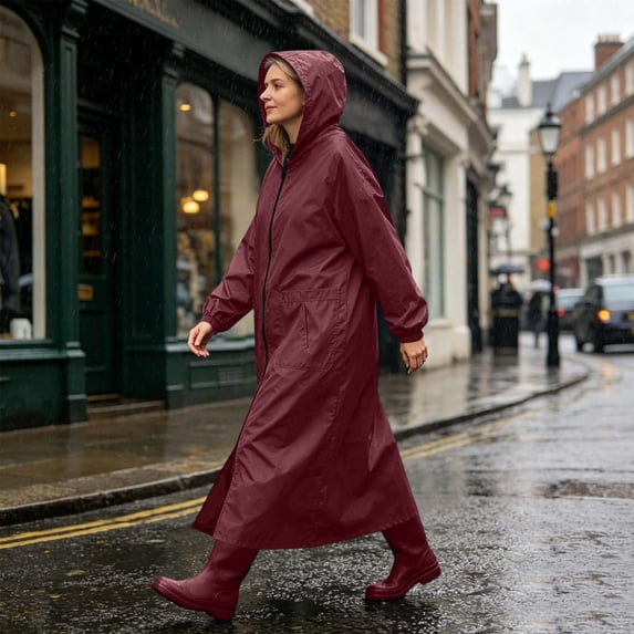 Ladies Long Sleeve Hooded Raincoat Windproof Lightweight Full-Zip Long Rain Jacket for Hiking Travel 3XL