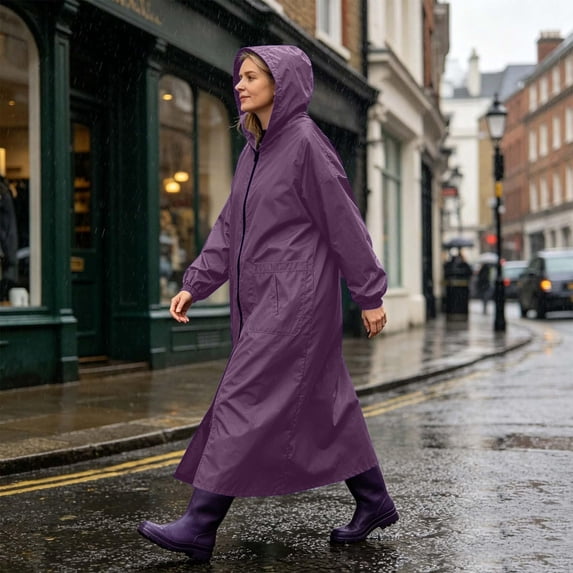 Ladies Long Sleeve Hooded Raincoat Windproof Lightweight Full-Zip Long Rain Jacket for Hiking Travel 3XL