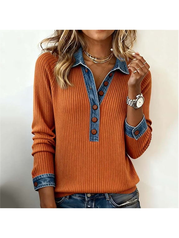 Ladies Long‑Sleeve Ribbed Knit Top with Denim Collar and Cuffs, Button Henley Style Pullover, Womens Tops, Denim Tops for Women, Jean Shirts for Women, Casual Daily Office Fall Blouse