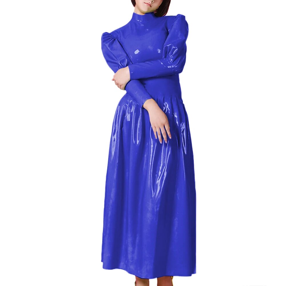 Ladies Long Sleeve Slim Party Long Dress PVC Leather High Neck Flared ...