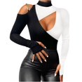 thumbnail image 1 of Ladies Long Sleeve Slim Tops Black and White Patchwork Cutout Hollow Turtleneck Tshirts Pullover Blouses Black1,M, 1 of 5