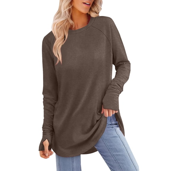 Ladies Long Sleeve Tops, Yigetop Womens Tunic Tops To Wear with Leggings Long Sleeve Thumb Hole Shirts Crew Neck Curved Hem Long Sleeve Shirts for Women Casual Brown XL