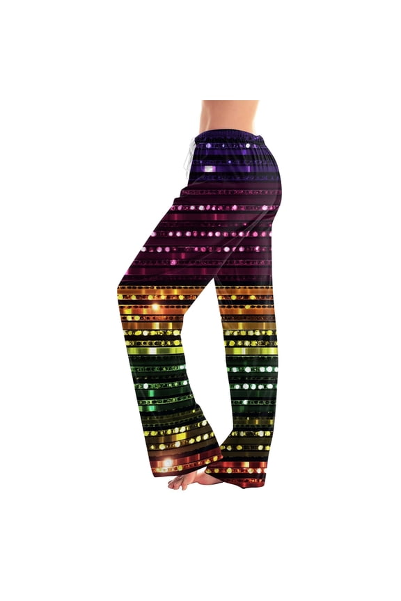 Ladies' Loose and Casual Carnival Printed Wide Leg Pants with Elastic Waistband Drawstring and Pockets, Comfortable Long Pants for Festive Occasions and Everyday Wear,Multicolor,M