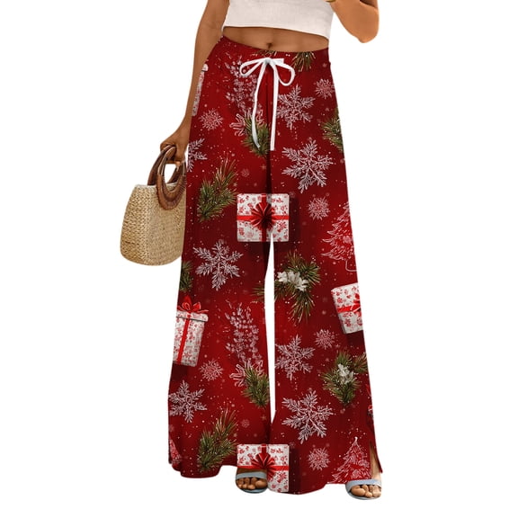 Ladies' Loose And Casual Christmas Printed Wide Leg Pants With Elastic Waistband Drawstring And Pocket Pants, Comfortable Home and Sleepwear Bottoms for Winter, Deep Red, L