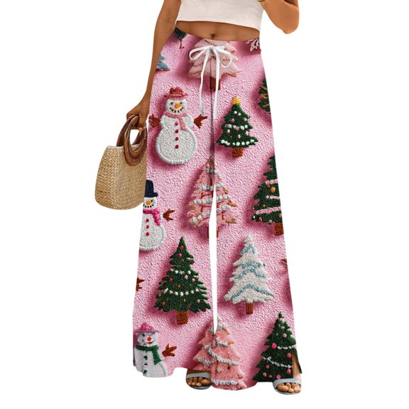 Ladies' Loose And Casual Christmas Printed Wide Leg Pants With Elastic Waistband Drawstring And Pocket Pants, Comfortable Home and Sleepwear Bottoms for Winter, Pink, XL