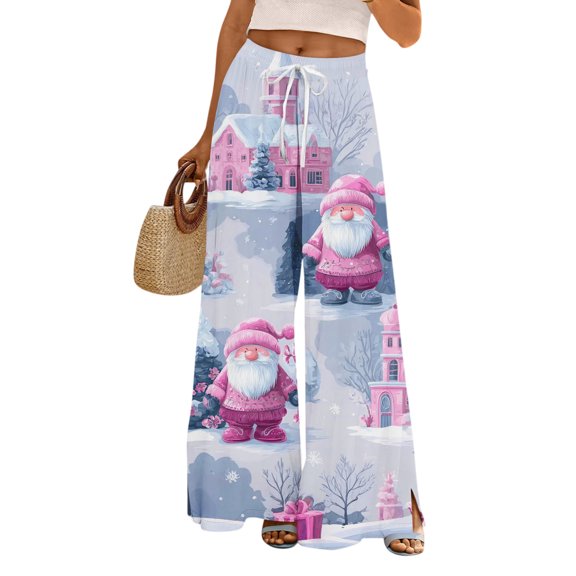 Ladies' Loose And Casual Christmas Printed Wide Leg Pants With Elastic Waistband Drawstring And Pocket Pants, Comfortable Home and Sleepwear Bottoms for Winter, Purple Pink, S