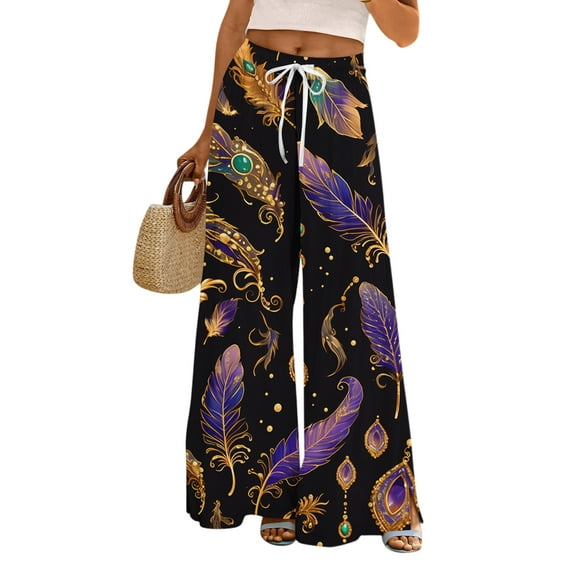 Ladies Loose Casual Printed Wide Leg Pants with Elastic Waistband Drawstring and Pocket Pants, Carnival Theme Trousers, Bohemian Style Pants for Women,Black,L