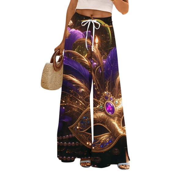 Ladies Loose Casual Printed Wide Leg Pants with Elastic Waistband Drawstring and Pocket Pants, Carnival Theme Trousers, Bohemian Style Pants for Women,Gold,M