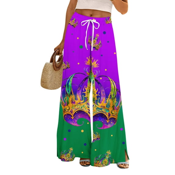 Ladies Loose Casual Printed Wide Leg Pants with Elastic Waistband Drawstring and Pocket Pants, Carnival Theme Trousers, Bohemian Style Pants for Women,Green,2XL