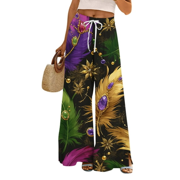 Ladies Loose Casual Printed Wide Leg Pants with Elastic Waistband Drawstring and Pocket Pants, Carnival Theme Trousers, Bohemian Style Pants for Women,Purple,L