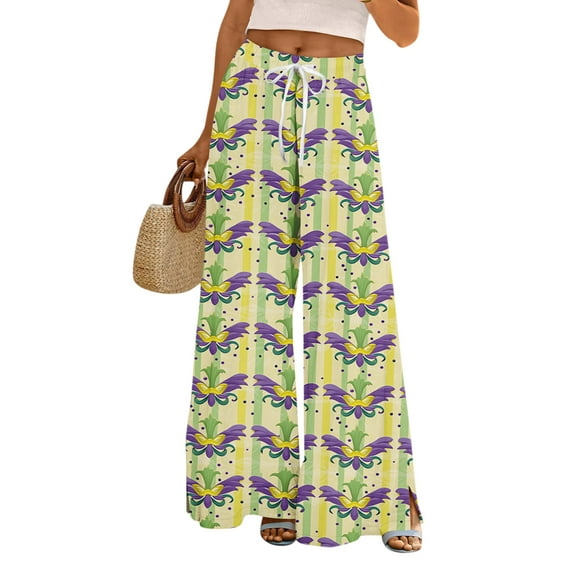 Ladies Loose Casual Printed Wide Leg Pants with Elastic Waistband Drawstring and Pocket Pants, Carnival Theme Trousers, Bohemian Style Pants for Women,Yellow,2XL