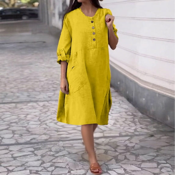 Ladies Loose Casual Solid Color Linen Dress with Pockets Button Long Sleeved Fall Dress Yellow XXL