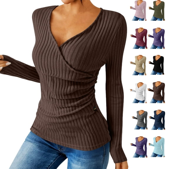 Ladies Loose Casual Solid Color Pullover With Buttons Long Sleeves And Grooved Knitted Sweater