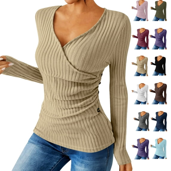 Ladies Loose Casual Solid Color Pullover With Buttons Long Sleeves And Grooved Knitted Sweater