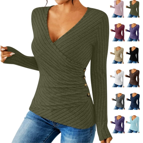 Ladies Loose Casual Solid Color Pullover With Buttons Long Sleeves And Grooved Knitted Sweater