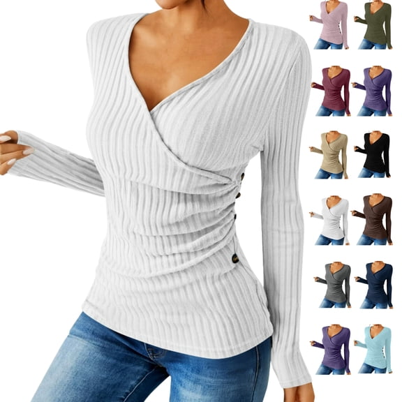 Ladies Loose Casual Solid Color Pullover With Buttons Long Sleeves And Grooved Knitted Sweater