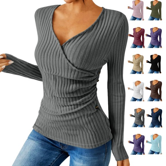 Ladies Loose Casual Solid Color Pullover With Buttons Long Sleeves And Grooved Knitted Sweater