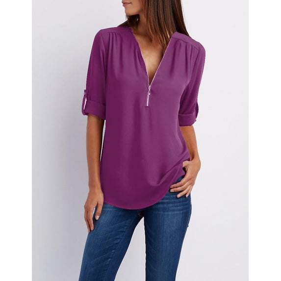 Ladies Loose Chiffon Shirt Multi Colors V-Neck Zipper Long-Sleeved Casual Basic Blouse Shirt Tops Plus Size