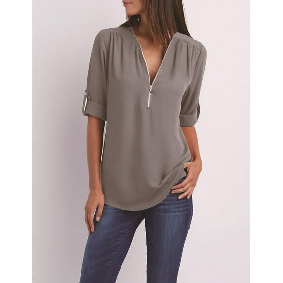 Ladies Loose Chiffon Shirt Multi Colors V-Neck Zipper Long-Sleeved Casual Basic Blouse Shirt Tops Plus Size