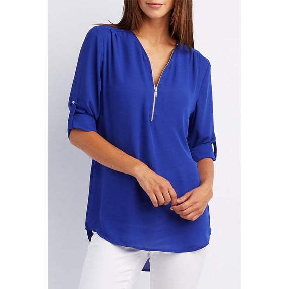 Ladies Loose Chiffon Shirt Multi Colors V-Neck Zipper Long-Sleeved Casual Basic Blouse Shirt Tops Plus Size