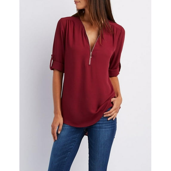 Ladies Loose Chiffon Shirt Multi Colors V-Neck Zipper Long-Sleeved Casual Basic Blouse Shirt Tops Plus Size