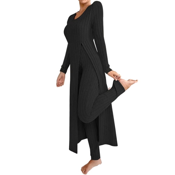 Ladies' Loose Comfortable and Casual Fashionable and Stylish Outerwear, Round Neck Slit Long Sleeve Two-Piece Set for Women's Casual and Everyday Wear,Black,2XL